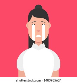 Crying Emoji character. Woman face icon. Shedding tears, sad, heart broken, in grief. Vector illustration.