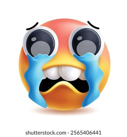 Crying emoji clipart 3d character. Emoji face sob, depressed, grief, sorrowful, unhappy and upset facial expression in white background yellow icon elements. Vector illustration cry emoticon clip art.