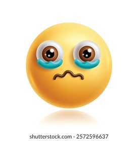 Crying emoji clipart 3d character. Emoji face in cry, sad, frown, despair, stress, depressed, hopeless and lonely facial expression yellow icon graphic element. Vector illustration crying emoticon 