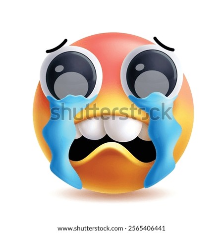 Crying emoji clipart 3d character. Emoji face sob, depressed, grief, sorrowful, unhappy and upset facial expression in white background yellow icon elements. Vector illustration cry emoticon clip art.