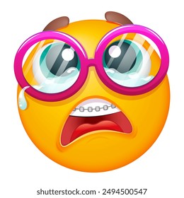 Crying emoji with dental teeth braces. Nerd emoticon in glasses on white background. Cute emoticon