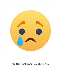 Crying emoji face with sad expression and blue tear. Flat vector emoticon for expressing sadness, grief, or disappointment. Usable in message, sticker, or social media design.