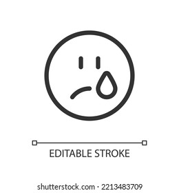 Crying emoji pixel perfect linear ui icon. Depressed and unhappy face. Emotional expression. GUI, UX design. Outline isolated user interface element for app and web. Editable stroke. Arial font used