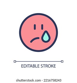 Crying emoji pixel perfect RGB color ui icon. Depressed and unhappy face. Simple filled line element. GUI, UX design for mobile app. Vector isolated pictogram. Editable stroke. Arial font used
