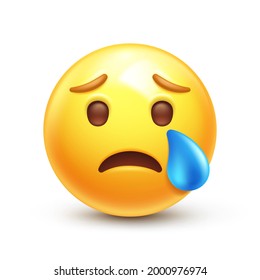 Crying emoji. Sad emoticon face with tear drop 3D stylized vector icon