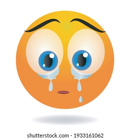 Crying emoji. Yellow funny face. Round character with bif eyes. Tearful cartoon human emotion.