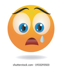Crying emoji. Yellow funny face. Round character with bif eyes. Sad cartoon human emotion.