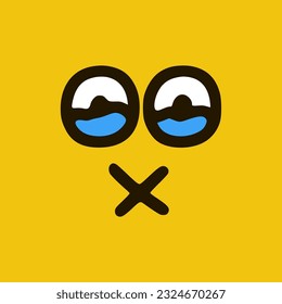 Crying emoticon with closed mouth in doodle style. Cartoon face expressions isolated on yellow background