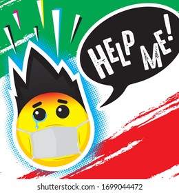 Crying emoticon in a medical mask and the message Help me