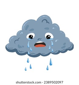 Crying emotional sad cloud having a bad day causing rain fall. Simple flat cartoon art styled drawing isolated on square white background for children books or tshirt prints.