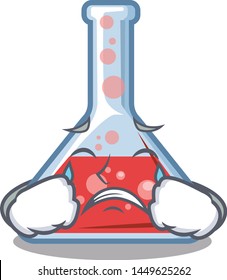 Crying erlenmeyer flask above wooden cartoon table