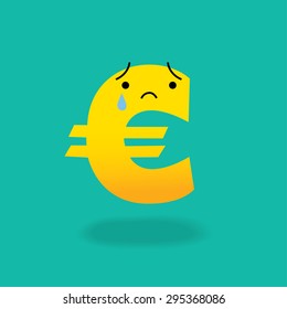 Crying euro sign cartoon character economics money concept illustration