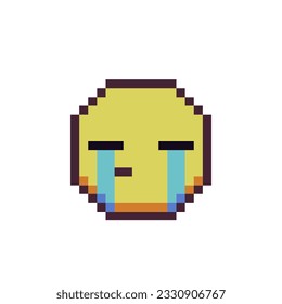 Crying expression. Smiley emoticons cute face.  Pixel art icon. Cartoon style. 8-bit. Isolated abstract vector illustration.