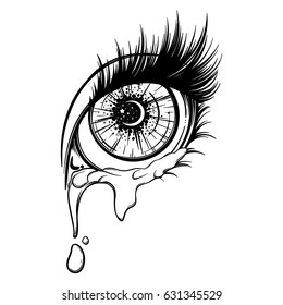 Crying eye in anime or manga style with teardrops and reflections. Highly detailed vector illustration. EPS10 vector illustration