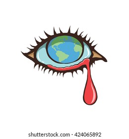 Crying eye with blood. Earth with a sad for global warming and pollution concept. Drawing vector in doodle style