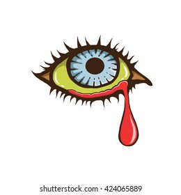 Crying eye with blood on a white background. Drawing vector in doodle style.