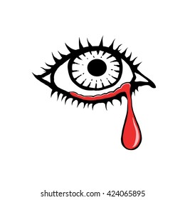 Crying eye with blood on a white background. Drawing vector in doodle style.