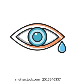 Symbol für weinende Augen. Blaues Auge mit einer einzigen Träne, symbolisiert Traurigkeit, Schmerz oder Empathie.