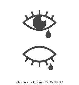 Icono de ojo llorando. Ojo abierto y cerrado con lágrimas. Triste ojo con pestañas. Ilustración vectorial plana aislada en fondo blanco.