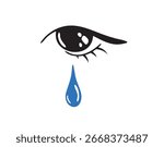 crying eye with tear hand drawn rerto 70s style poster art. sadness crying eye icon isolated, beautiful female eye and blue tear. Vector illustration