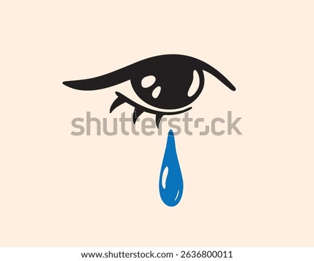 crying eye with tear hand drawn rerto 70s style poster art. sadness crying eye icon isolated, beautiful female eye and blue tear. Vector illustration