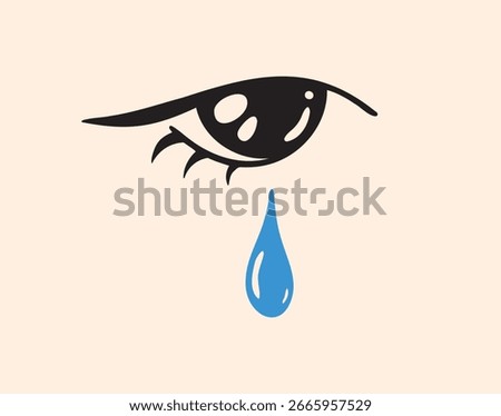 crying eye with tear hand drawn rerto 70s style poster art. sadness crying eye icon isolated, beautiful female eye and blue tear. Vector illustration