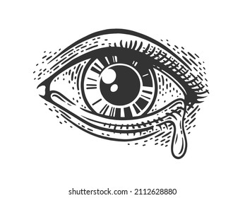 crying eye with tear sketch engraving vector illustration. T-shirt apparel print design. Scratch board imitation. Black and white hand drawn image.