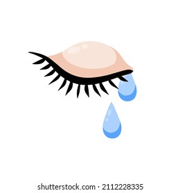 Llorando ojo con lágrimas. párpado cerrado con pestañas. Estrés y frustración. Dibujo plano