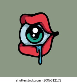 Crying eyeball inside of a mouth illustration. Conceptual drawing isolated vector