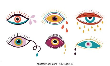 Crying eyes. Abstract eye, drops colorful falling down. Contemporary trendy doodle elements, sad emotions vector set