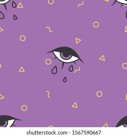 Crying eyes and memphis symbols vector seamless pattern. Eyes with tear drops on violet gradient background. Mystic and magical abstract print design for wrapping paper, textile, fabric