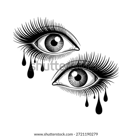 Crying eyes with tears falling down face