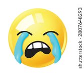 Crying face emoji clipart character featuring a 3D glossy yellow emoticon with sad, upset, grief, unhappy, and hurt facial expressions. Vector illustration. 