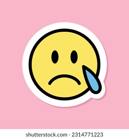 crying face emoji sticker, yellow face with tear, black outline, cute sticker on pink background, groovy aesthetic, vector design element