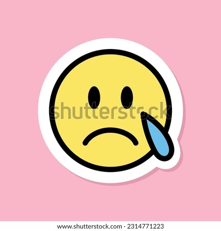 crying face emoji sticker, yellow face with tear, black outline, cute sticker on pink background, groovy aesthetic, vector design element