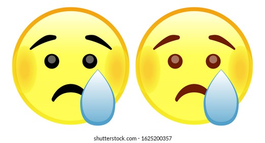 Crying Face emoji. A yellow face with raised eyebrows and a slight frown, shedding a single, blue tear from one eye down its cheek. Sad emoticon.
