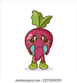 Crying face on beetroot illustration, Cute funny crying sad beetroot character.