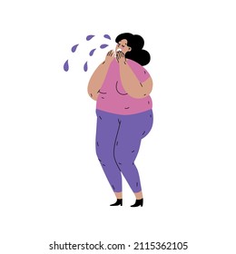 Crying fat woman. Body shaming and bulling. Depression due to a large physique. Body-positive lifestyle. Girl covering her face with palms. Isolated. Flat style in vector illustration.