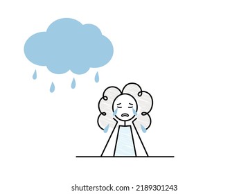 personaje femenino llorando y nube de lluvia, mal humor, tristeza, concepto de anhelo, doodle línea negra simple ilustración vectorial, boceto