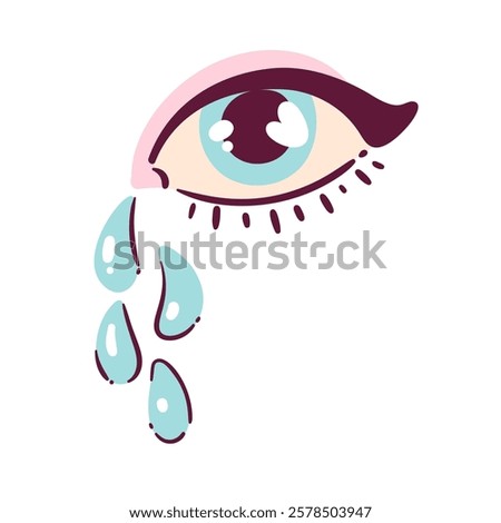 Crying female eye vector illustration. Sad emoji of eye with tears. Cartoon anti Valentine's day concept of resentment, pain and sadness.