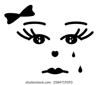 Crying female face with sad emotions. Sad expression on face, tears dripping from eyes, bow decoration. Sketch. Vector illustration. Outline on isolated white background. Doodle style. 