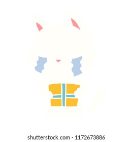 crying flat color style cartoon cat holding christmas present