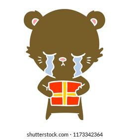 crying flat color style cartoon bear with present