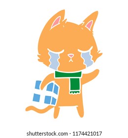 crying flat color style cartoon cat holding christmas present