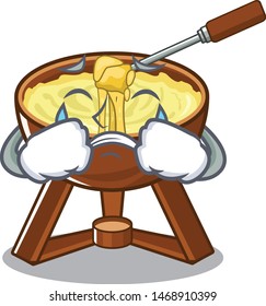 Crying fondue cheese served in cartoon bowl