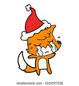 dibujo de línea dibujado a mano de zorro llorando un sombrero santa