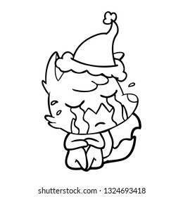 crying fox hand drawn line drawing of a wearing santa hat