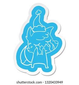 crying fox quirky cartoon  sticker of a wearing santa hat