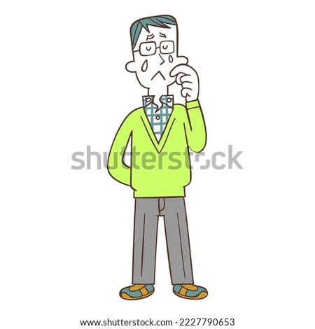 Crying, full body of a man wearing glasses