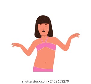 Crying girl child isolated cartoon character with damaged skin after sunbathing on hot summer sun